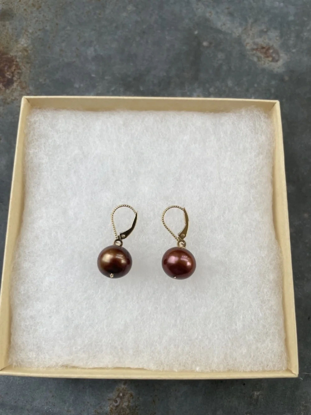 14k Gold stamped Burgundy/Maroon 10mm Pearl Drop Earrings - Picture 6 of 7